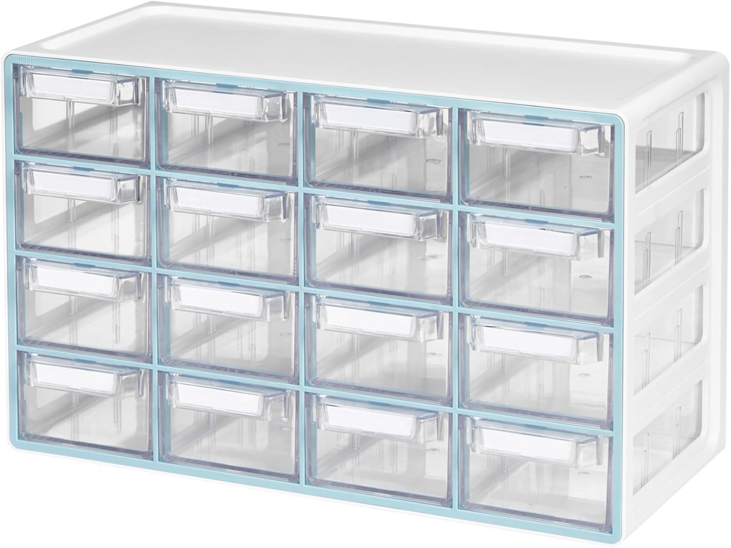 imageBlue Ginkgo Medium 16Drawer Cabinet Stackable Clear Organizer for Hardware Beads Plastic Bricks Office and Craft Storage Made in Korea GrayBLUE