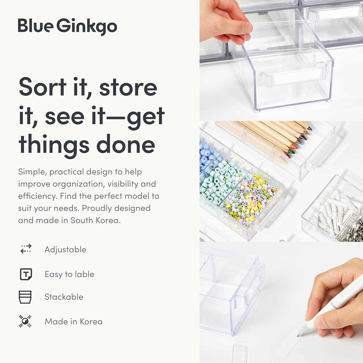imageBlue Ginkgo Medium 16Drawer Cabinet Stackable Clear Organizer for Hardware Beads Plastic Bricks Office and Craft Storage Made in Korea GrayBLUE