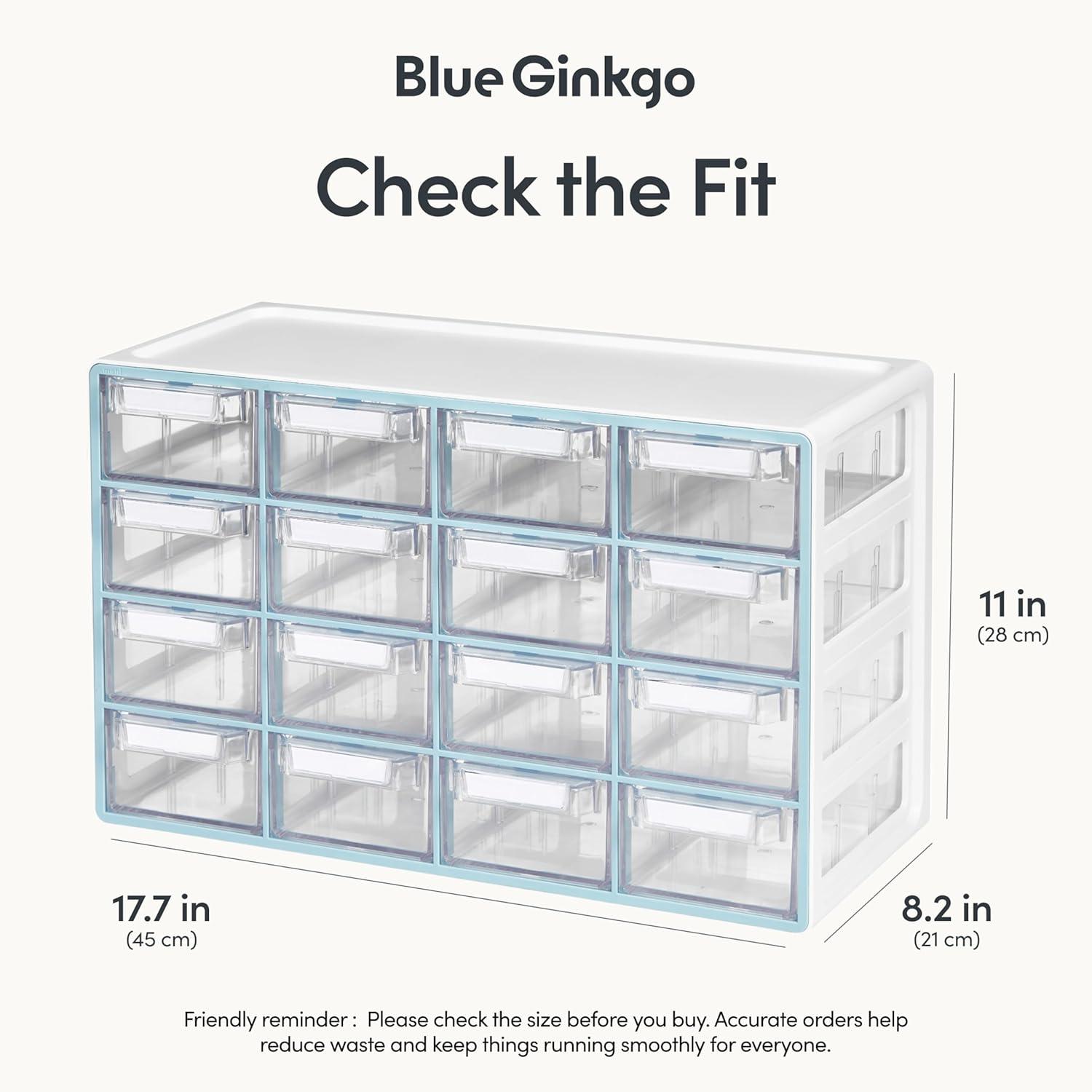 imageBlue Ginkgo Medium 16Drawer Cabinet Stackable Clear Organizer for Hardware Beads Plastic Bricks Office and Craft Storage Made in Korea GrayBLUE
