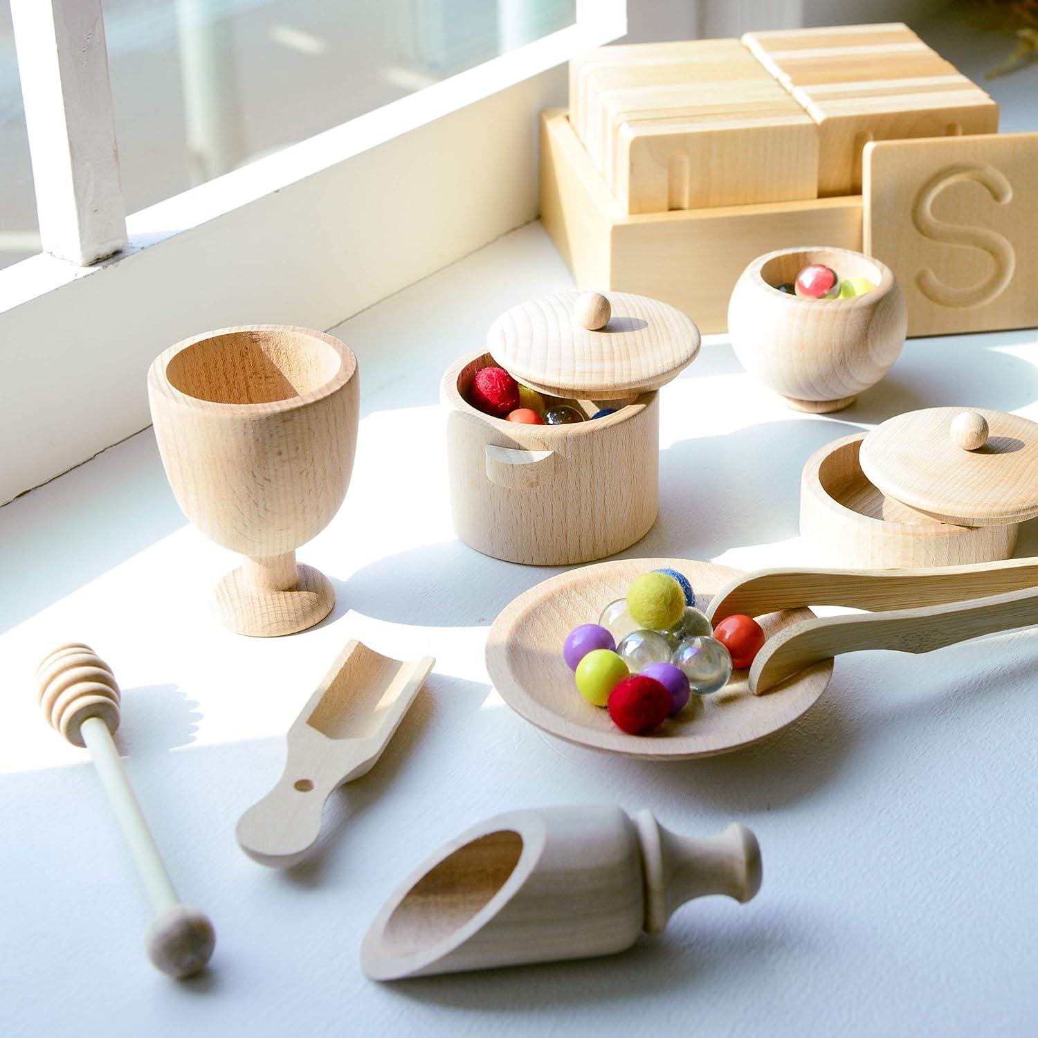 imageBlue Ginkgo Sensory Bin Tools Montessori Fine Motor Skills Learning Set for Toddlers and Kids Pretend Play 9 PC Kitchen Wooden Set with Scoops Bamboo Tongs