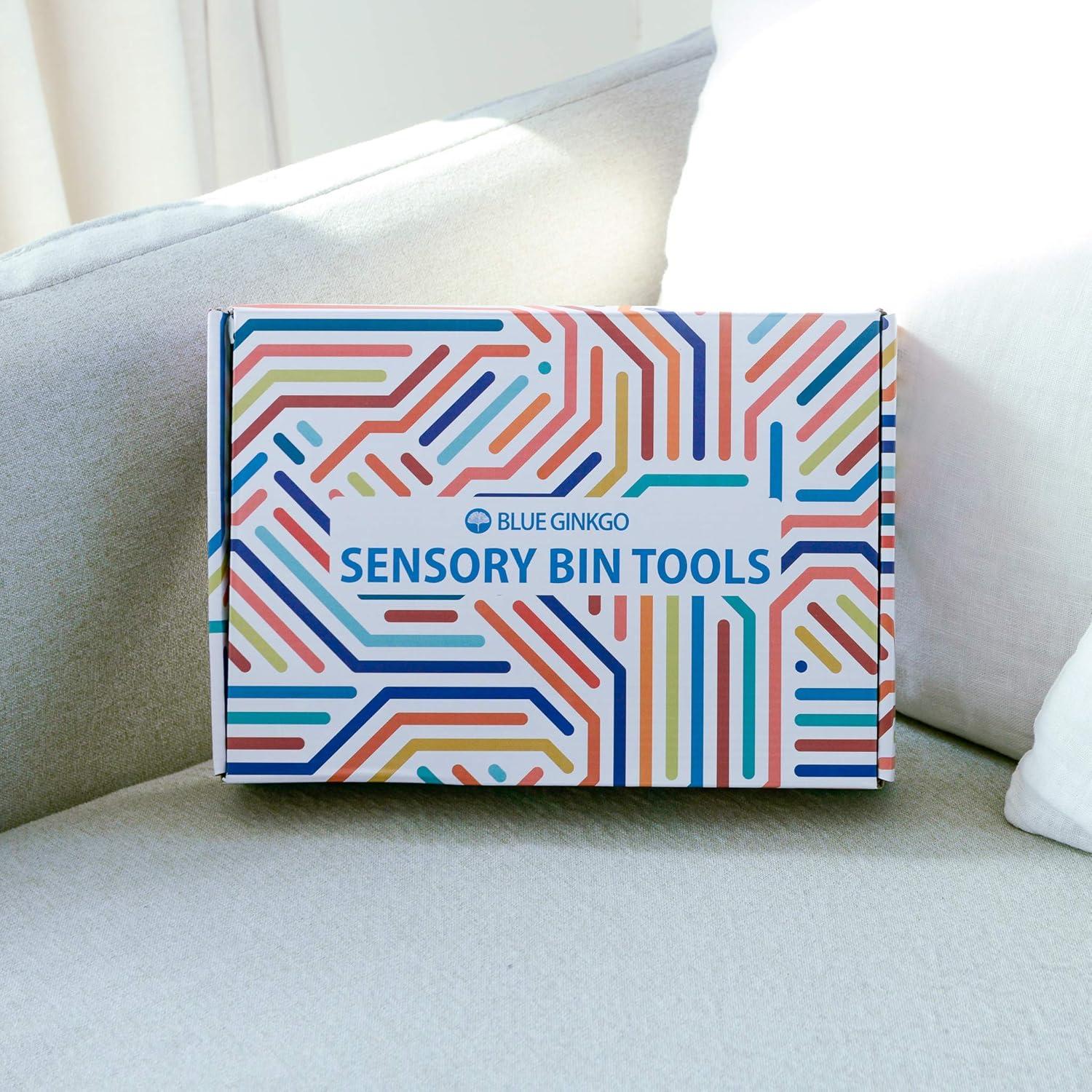 imageBlue Ginkgo Sensory Bin Tools Montessori Fine Motor Skills Learning Set for Toddlers and Kids Pretend Play 9 PC Kitchen Wooden Set with Scoops Bamboo Tongs