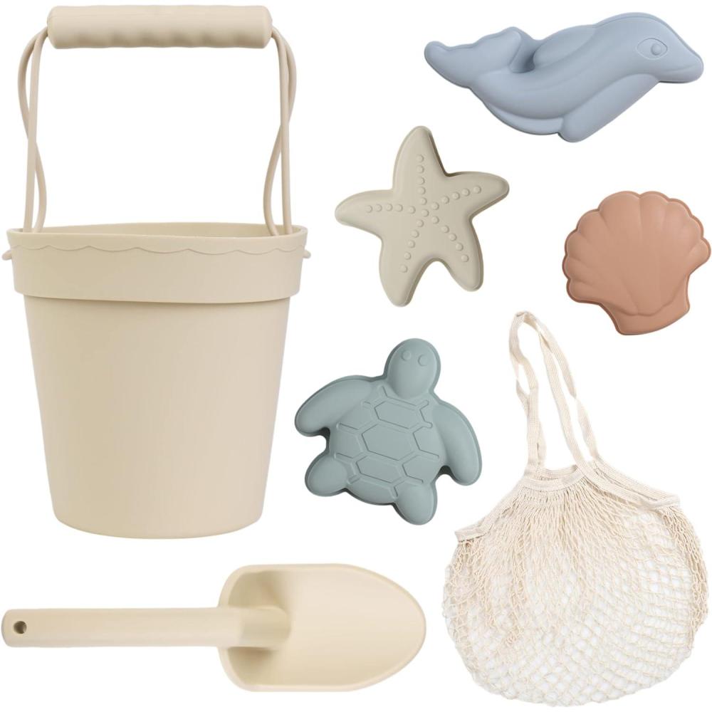 imageBLUE GINKGO Silicone Beach Toys  Modern Baby  Travel Friendly Toys Set  Silicone Bucket Shovel 4 Sand Molds Beach Bag  Sand Toys for Toddlers Kids  YellowBeige