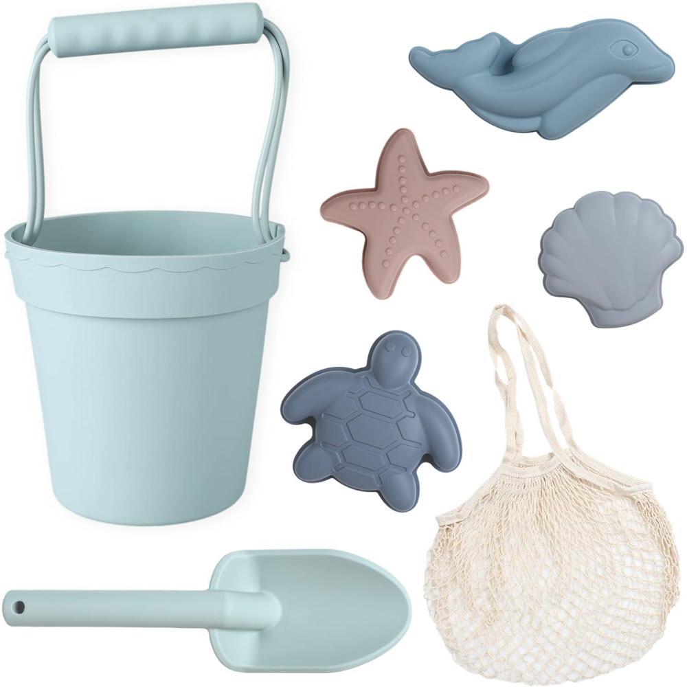 imageBLUE GINKGO Silicone Beach Toys Modern Baby Travel Friendly Toys Set Silicone Bucket Shovel 4 Sand Molds Beach Bag Sand Toys for Toddlers Kids YellowGreen