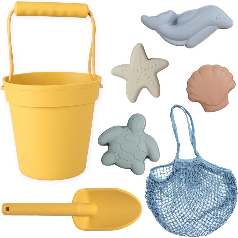 imageBLUE GINKGO Silicone Beach Toys  Modern Baby  Travel Friendly Toys Set  Silicone Bucket Shovel 4 Sand Molds Beach Bag  Sand Toys for Toddlers Kids  YellowYellow