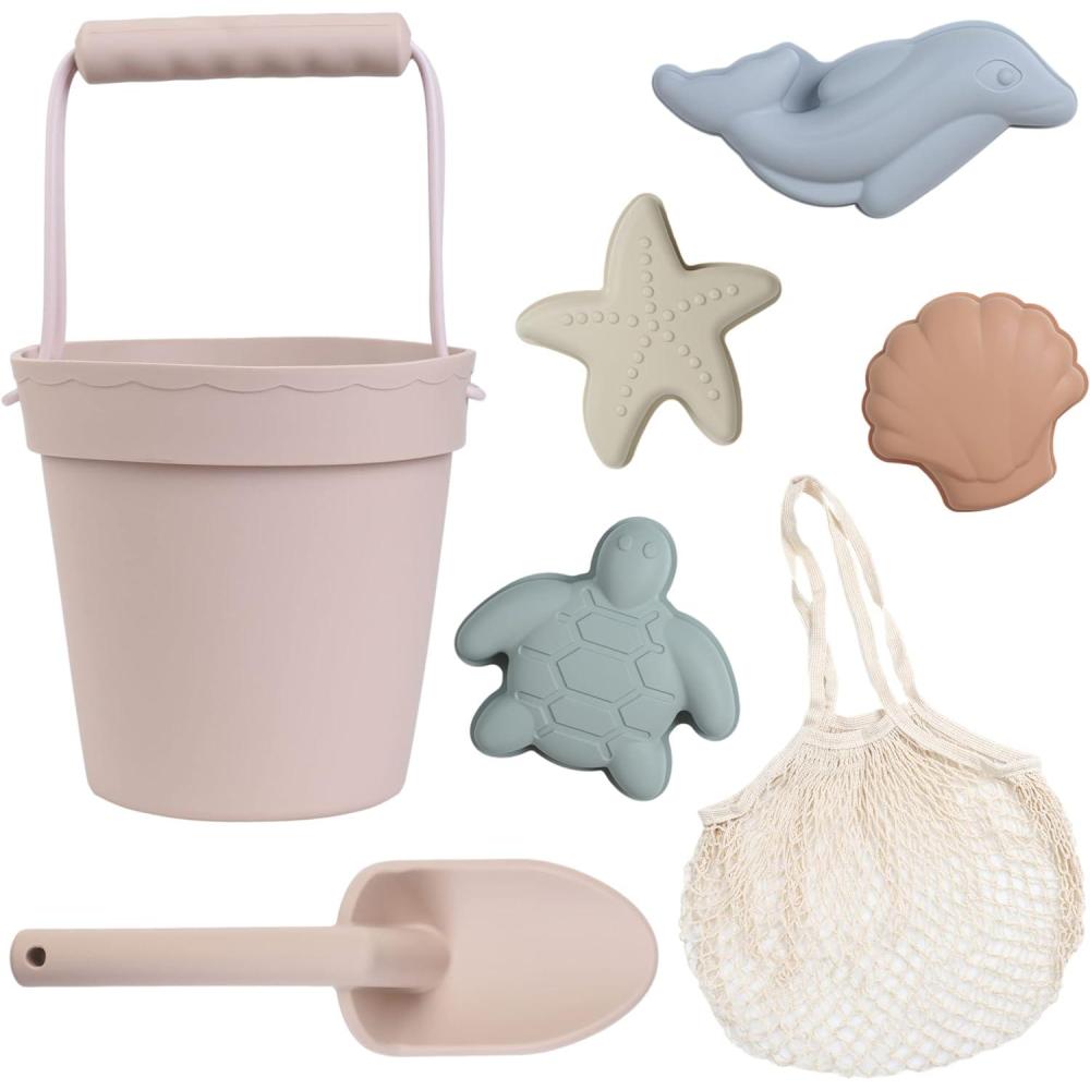 imageBLUE GINKGO Silicone Beach Toys Modern Baby Travel Friendly Toys Set Silicone Bucket Shovel 4 Sand Molds Beach Bag Sand Toys for Toddlers Kids YellowPale Pink