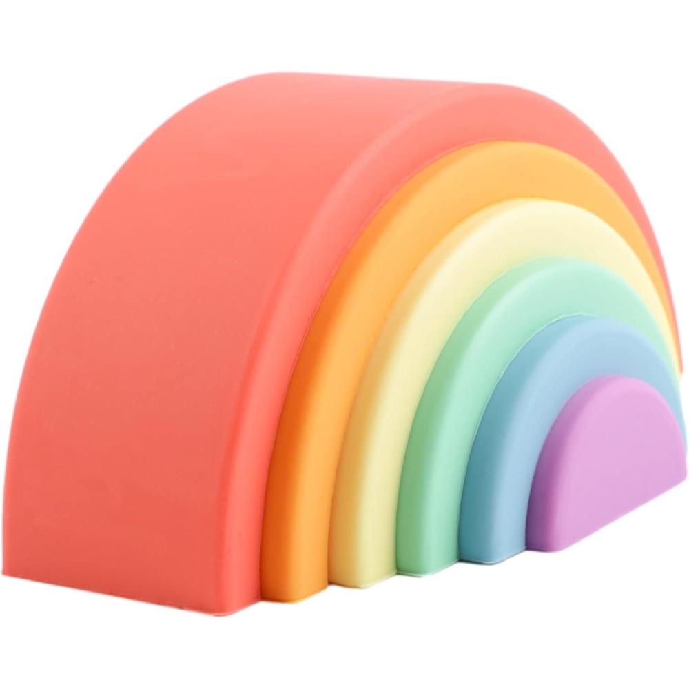 imageBLUE GINKGO Silicone Rainbow Stacker Montessori Nesting Puzzle Kids and Toddler Stacking Sensory Toys 7 Layers Pastel6 Layer