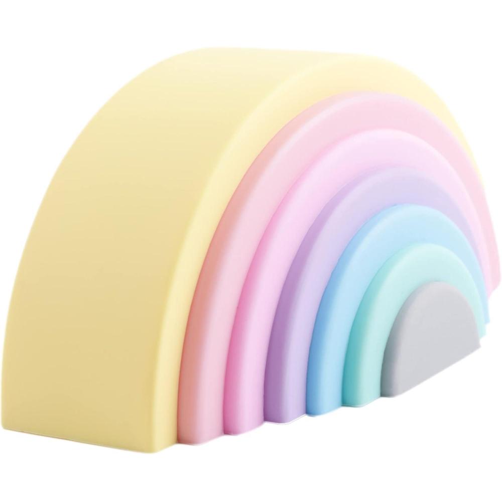 imageBLUE GINKGO Silicone Rainbow Stacker Montessori Nesting Puzzle Kids and Toddler Stacking Sensory Toys 7 Layers Pastel7 Layer
