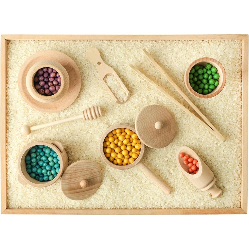 imageBlue Ginkgo Sensory Bin Tools Montessori Fine Motor Skills Learning Set for Toddlers and Kids Pretend Play 9 PC Kitchen Wooden Set with Scoops Bamboo Tongs