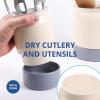 BLUE GINKGO Ceramic Utensil Holders [Set of 2] – Cutlery Crocks with Removable Drip Tray (White)(Blue)