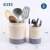 BLUE GINKGO Ceramic Utensil Holders [Set of 2] – Cutlery Crocks with Removable Drip Tray (White)(Blue)