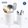 BLUE GINKGO Ceramic Utensil Holders [Set of 2] – Cutlery Crocks with Removable Drip Tray (White)(White)