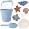 BLUE GINKGO Silicone Beach Toys – Modern Baby | Travel Friendly Toys Set | Silicone Bucket, Shovel, 4 Sand Molds, Beach Bag | Sand Toys for Toddlers, Kids – Yellow(Blue)