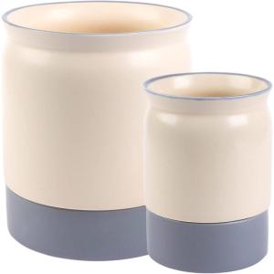 BLUE GINKGO Ceramic Utensil Holders [Set of 2] – Cutlery Crocks with Removable Drip Tray (White)(Blue)