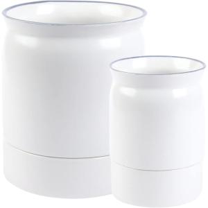 BLUE GINKGO Ceramic Utensil Holders [Set of 2] – Cutlery Crocks with Removable Drip Tray (White)(White)