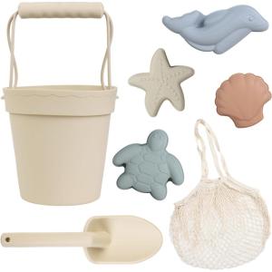 BLUE GINKGO Silicone Beach Toys – Modern Baby | Travel Friendly Toys Set | Silicone Bucket, Shovel, 4 Sand Molds, Beach Bag | Sand Toys for Toddlers, Kids – Yellow(Beige)