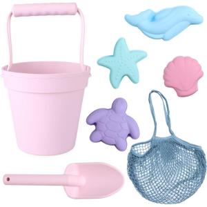 BLUE GINKGO Silicone Beach Toys – Modern Baby | Travel Friendly Toys Set | Silicone Bucket, Shovel, 4 Sand Molds, Beach Bag | Sand Toys for Toddlers, Kids – Yellow(Pink)
