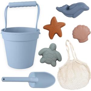 BLUE GINKGO Silicone Beach Toys – Modern Baby | Travel Friendly Toys Set | Silicone Bucket, Shovel, 4 Sand Molds, Beach Bag | Sand Toys for Toddlers, Kids – Yellow(Blue)