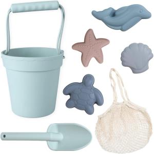 BLUE GINKGO Silicone Beach Toys – Modern Baby | Travel Friendly Toys Set | Silicone Bucket, Shovel, 4 Sand Molds, Beach Bag | Sand Toys for Toddlers, Kids – Yellow(Green)