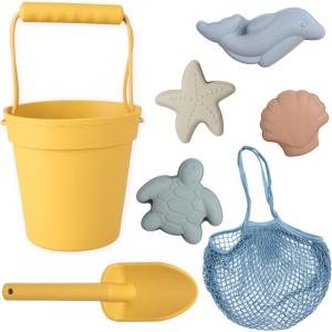 BLUE GINKGO Silicone Beach Toys – Modern Baby | Travel Friendly Toys Set | Silicone Bucket, Shovel, 4 Sand Molds, Beach Bag | Sand Toys for Toddlers, Kids – Yellow(Yellow)