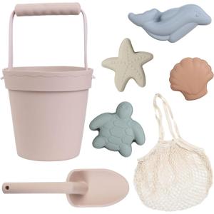BLUE GINKGO Silicone Beach Toys – Modern Baby | Travel Friendly Toys Set | Silicone Bucket, Shovel, 4 Sand Molds, Beach Bag | Sand Toys for Toddlers, Kids – Yellow(Pale Pink)