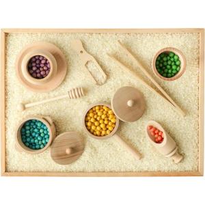 Blue Ginkgo Sensory Bin Tools – Montessori Fine Motor Skills Learning Set for Toddlers and Kids Pretend Play [9 PC] Kitchen Wooden Set with Scoops, Bamboo Tongs
