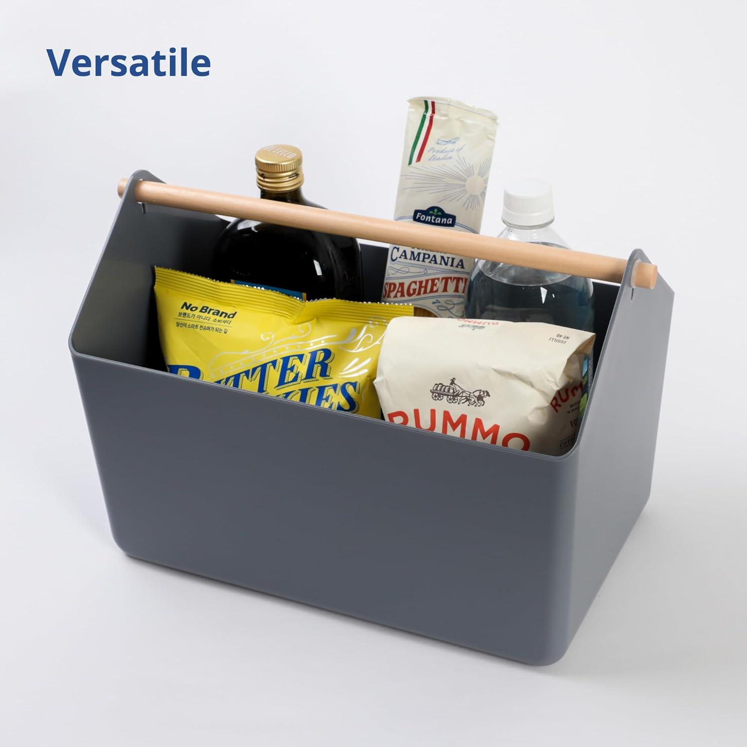 imageBLUE GINKGO Large Storage Basket Plastic Caddy with Wooden Handle for Bathroom Pantry or Cleaning Supplies GreenGREY
