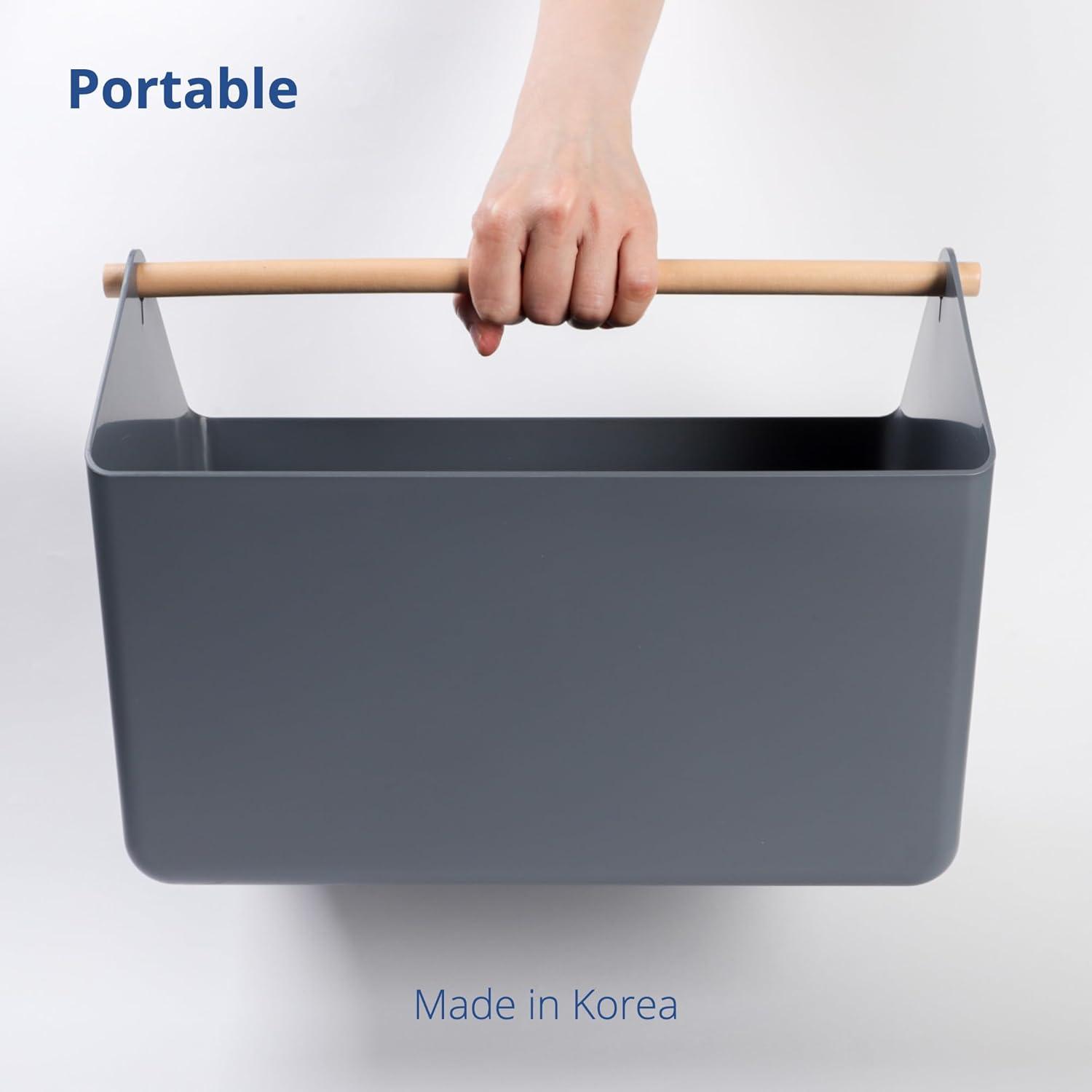 imageBLUE GINKGO Large Storage Basket Plastic Caddy with Wooden Handle for Bathroom Pantry or Cleaning Supplies GreenGREY