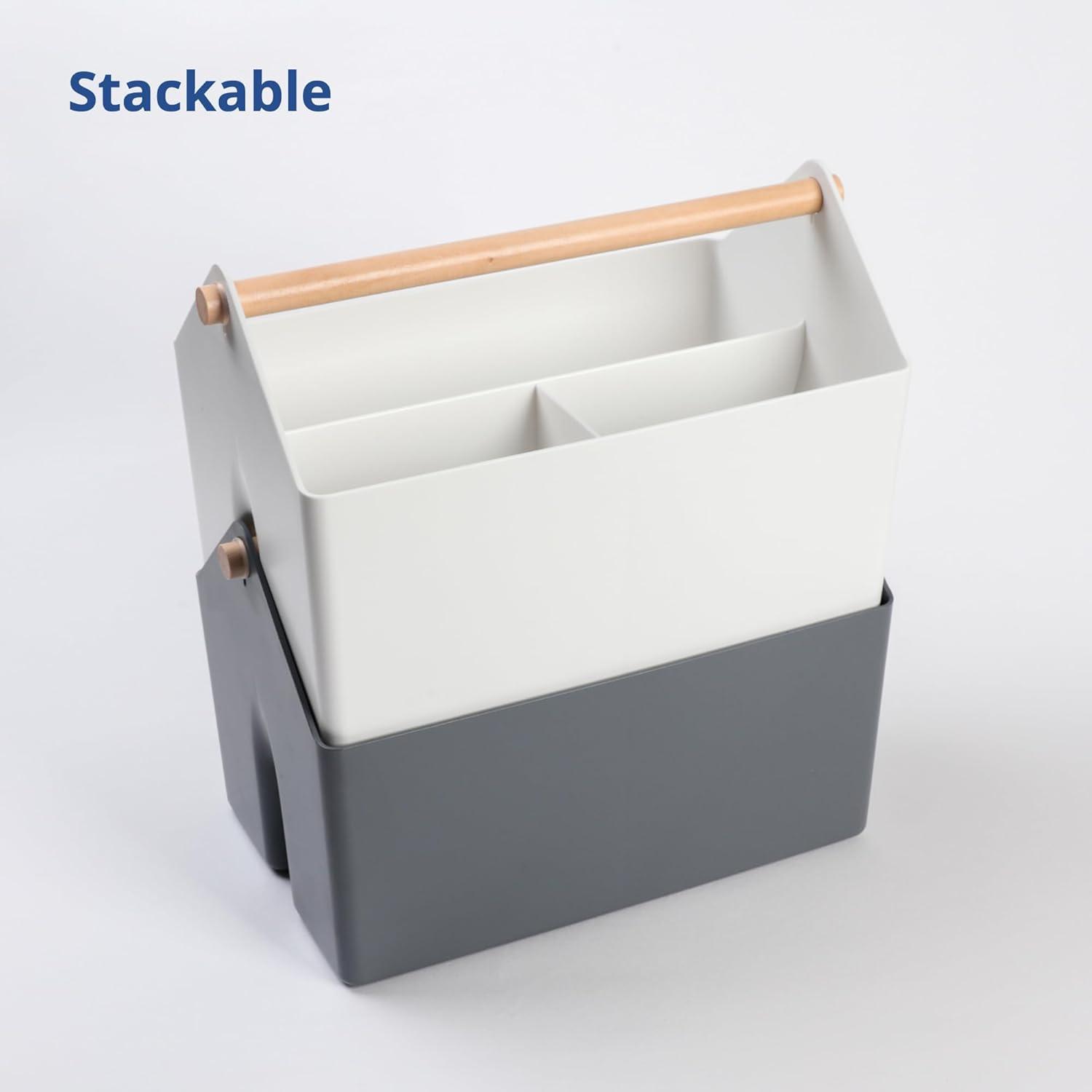 imageBLUE GINKGO Large Storage Basket Plastic Caddy with Wooden Handle for Bathroom Pantry or Cleaning Supplies GreenWHITE