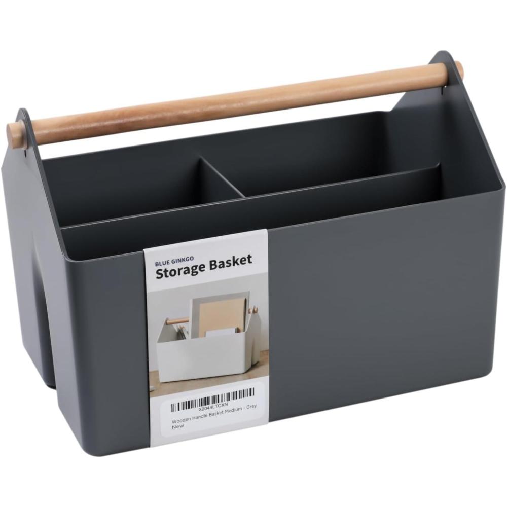imageBLUE GINKGO Large Storage Basket Plastic Caddy with Wooden Handle for Bathroom Pantry or Cleaning Supplies GreenGREY