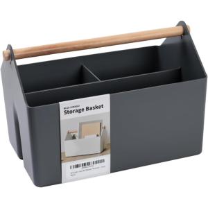 BLUE GINKGO Large Storage Basket – Plastic Caddy with Wooden Handle for Bathroom, Pantry, or Cleaning Supplies (Green)(GREY)