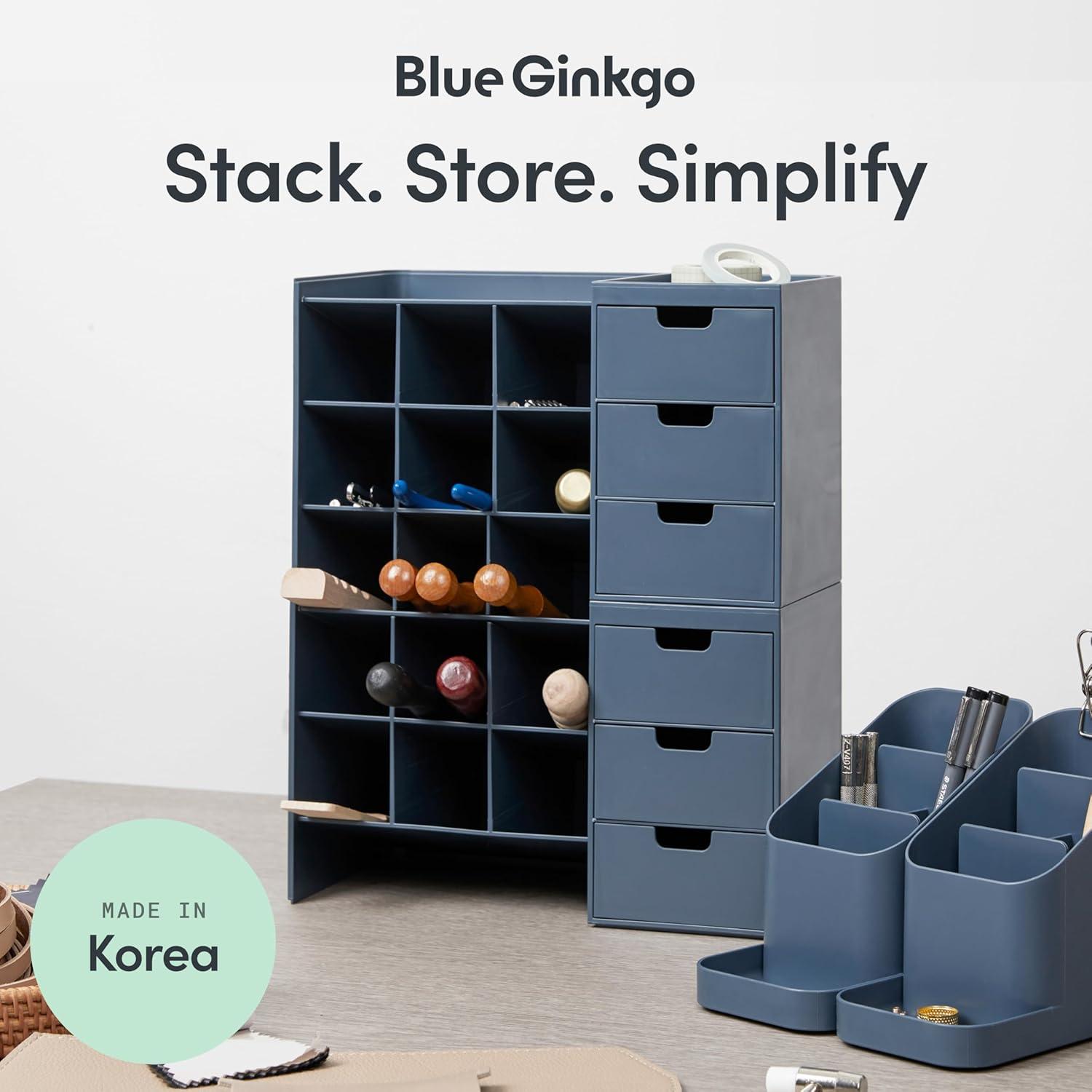 imageBLUE GINKGO Hive Stack Desk Organizer Stackable Pen Holder Stationary Organizer with Drawers Office Storage School Supplies Makeup Made in Korea WhiteBLUE