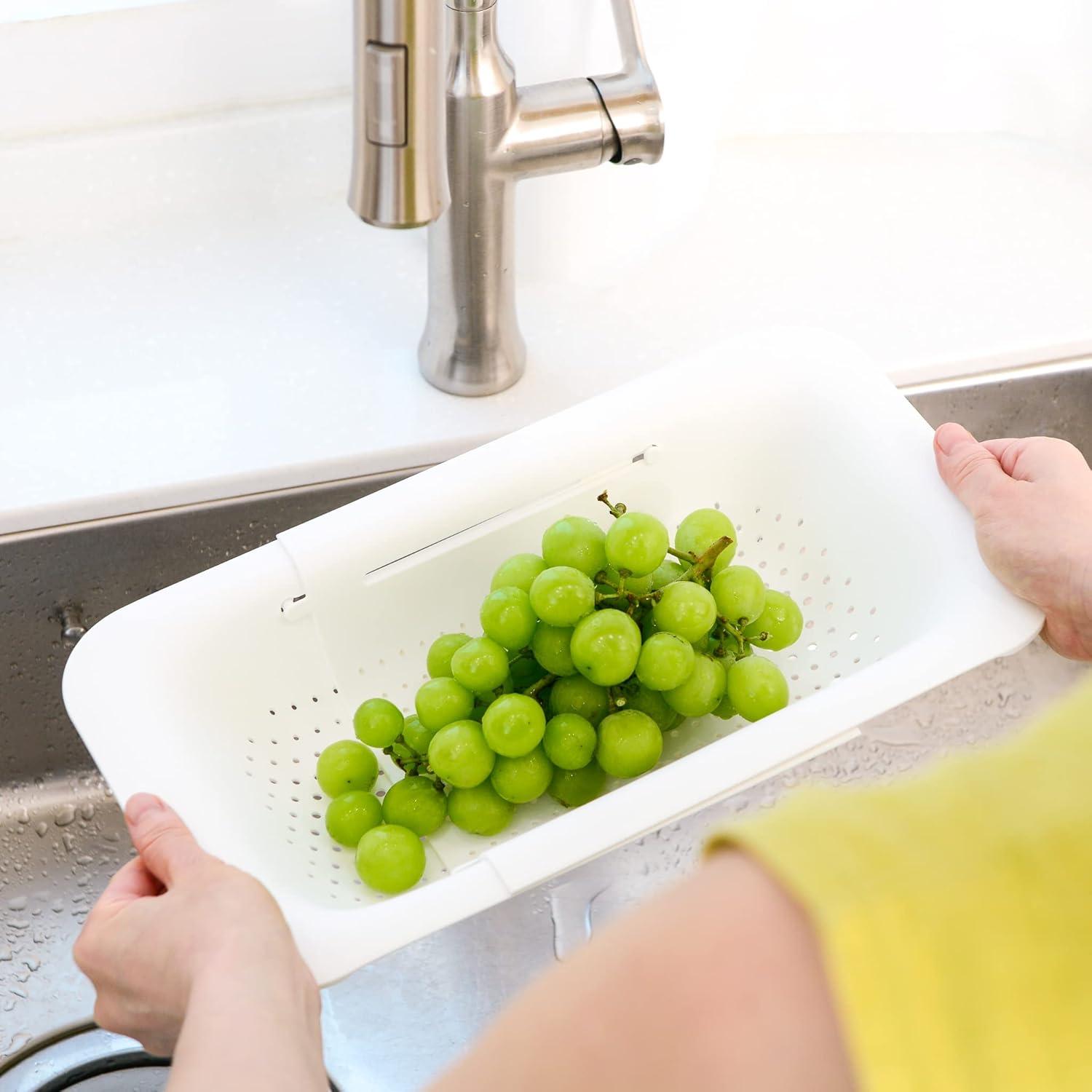 imageBLUE GINKGO Over the Sink Colander Strainer Basket Wash Vegetables and Fruits Drain Cooked Pasta and Dry Dishes Extendable New Home Kitchen Essentials Pink 1 PackWhite