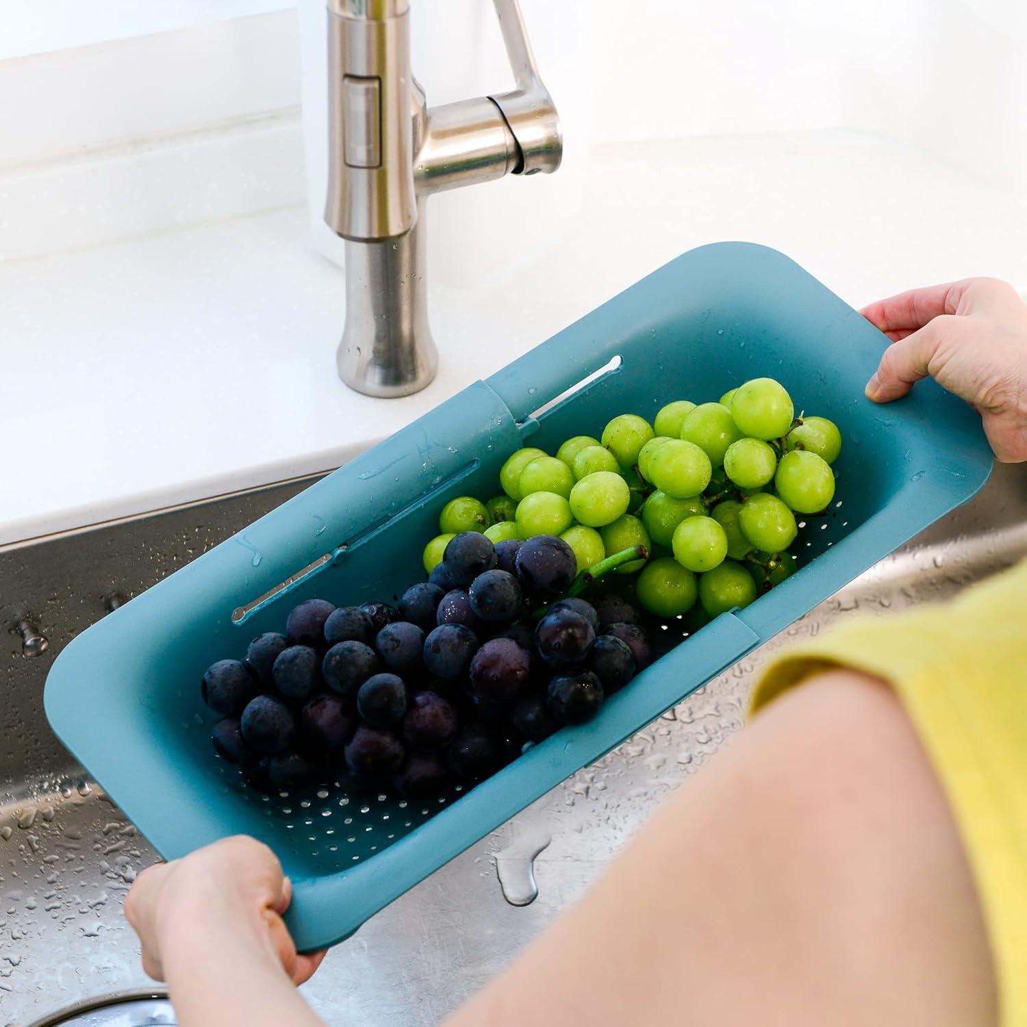 imageBLUE GINKGO Over the Sink Colander Strainer Basket Wash Vegetables and Fruits Drain Cooked Pasta and Dry Dishes Extendable New Home Kitchen Essentials Pink 1 PackGreen