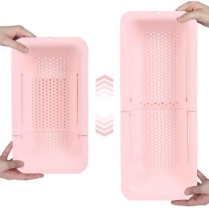 BLUE GINKGO Over the Sink Colander Strainer Basket – Wash Vegetables and Fruits, Drain Cooked Pasta and Dry Dishes – Extendable – New Home Kitchen Essentials (Pink, 1 Pack)(Pink)